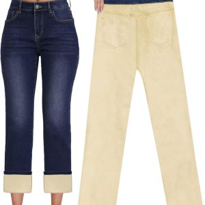 KDF Women's Fleece Lined Jeans Women High Waisted Straight Leg Jeans Winter Fleece Lined Jean Pants