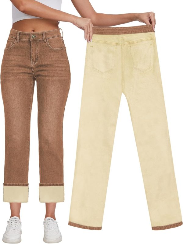 KDF Women's Fleece Lined Jeans Women High Waisted Straight Leg Jeans Winter Fleece Lined Jean Pants - Image 7