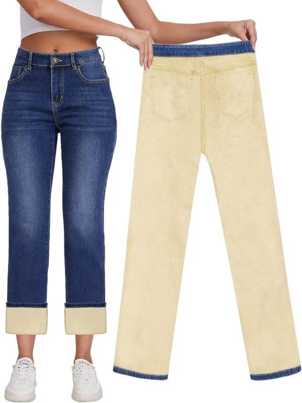 KDF Women's Fleece Lined Jeans Women High Waisted Straight Leg Jeans Winter Fleece Lined Jean Pants - Image 19