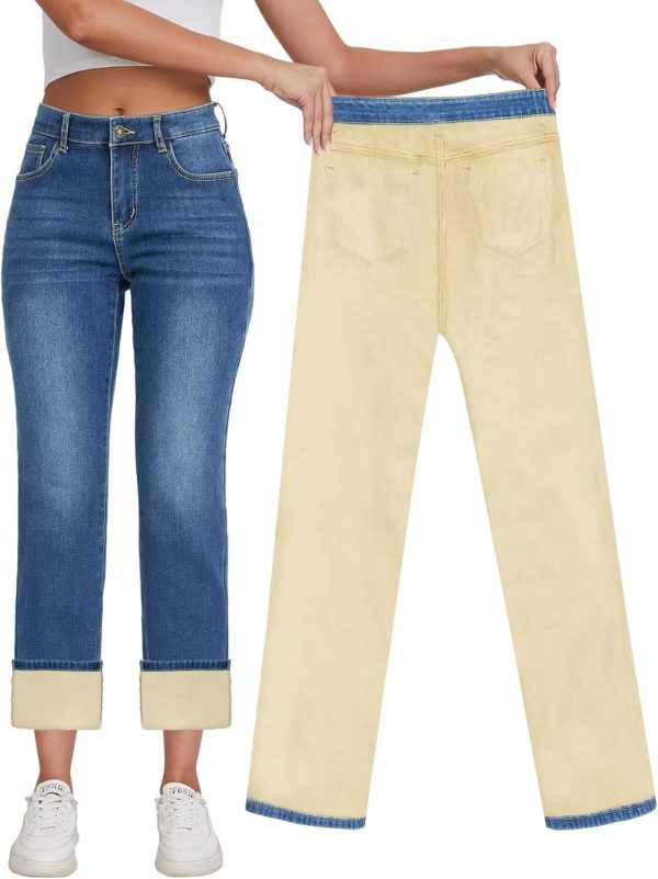KDF Women's Fleece Lined Jeans Women High Waisted Straight Leg Jeans Winter Fleece Lined Jean Pants - Image 25