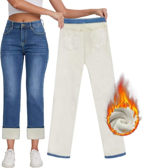 KDF Women's Fleece Lined Jeans Women High Waisted Straight Leg Jeans Winter Fleece Lined Jean Pants - Image 31