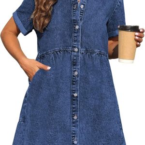 KDF Denim Dress for Women with Pockets Short Sleeve Babydoll Denim Shirt Dresses for Women 2025