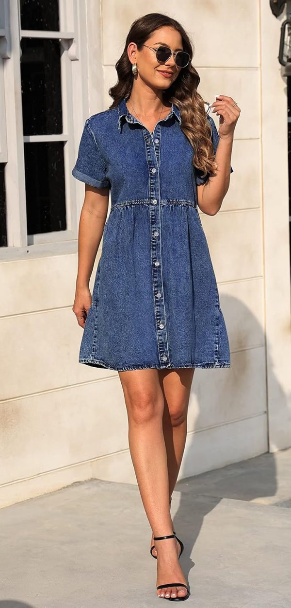 KDF Denim Dress for Women with Pockets Short Sleeve Babydoll Denim Shirt Dresses for Women 2025 - Image 4