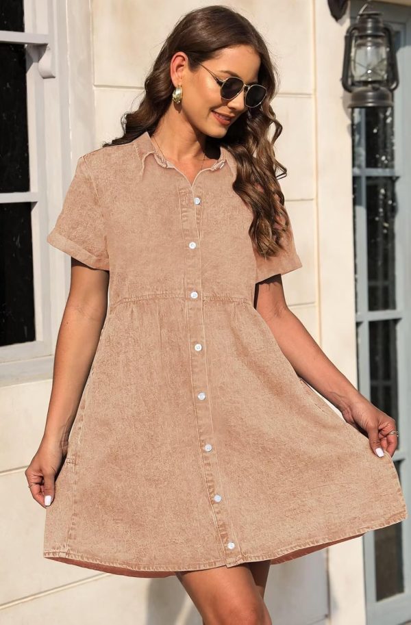 KDF Denim Dress for Women with Pockets Short Sleeve Babydoll Denim Shirt Dresses for Women 2025 - Image 8