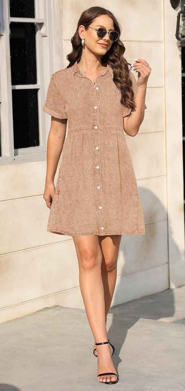 KDF Denim Dress for Women with Pockets Short Sleeve Babydoll Denim Shirt Dresses for Women 2025 - Image 10
