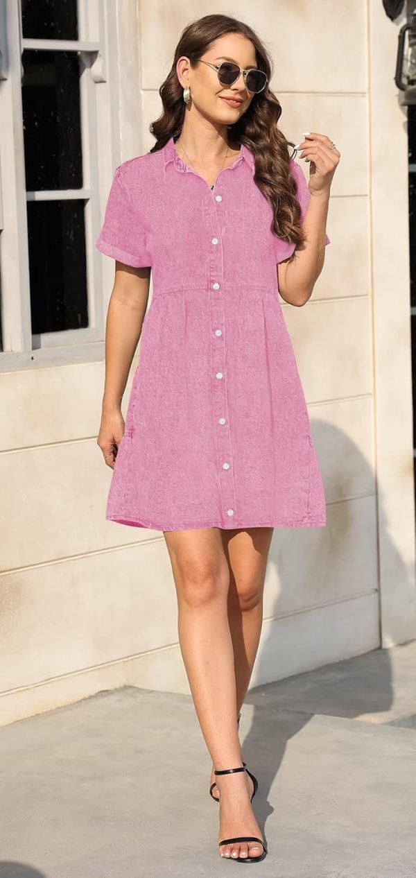 KDF Denim Dress for Women with Pockets Short Sleeve Babydoll Denim Shirt Dresses for Women 2025 - Image 15