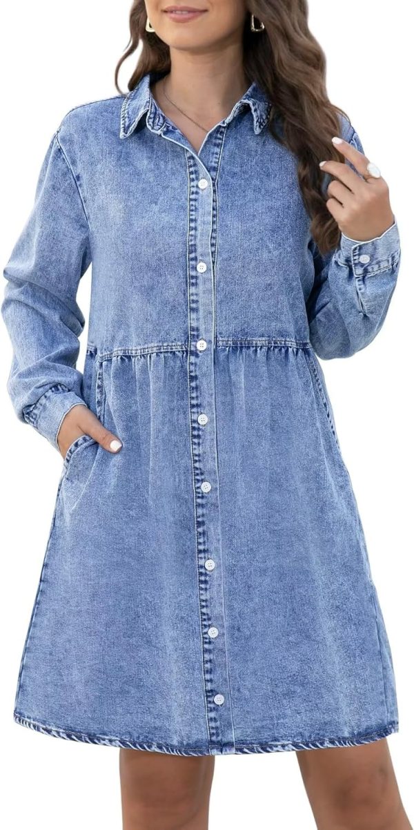 KDF Denim Dress for Women with Pockets Short Sleeve Babydoll Denim Shirt Dresses for Women 2025 - Image 17