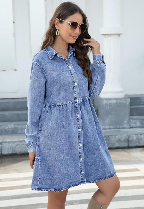 KDF Denim Dress for Women with Pockets Short Sleeve Babydoll Denim Shirt Dresses for Women 2025 - Image 20