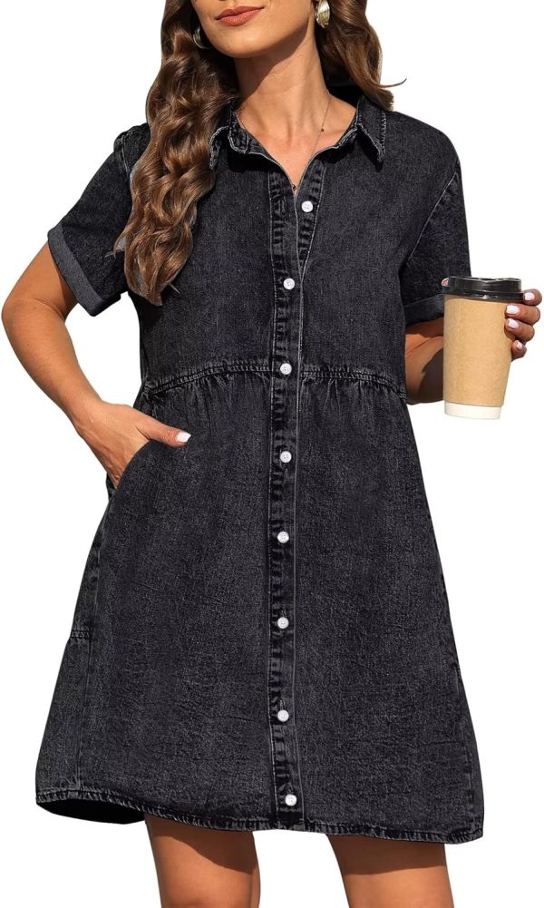 KDF Denim Dress for Women with Pockets Short Sleeve Babydoll Denim Shirt Dresses for Women 2025 - Image 23
