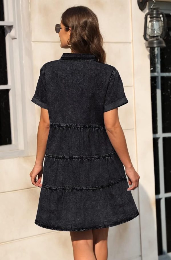 KDF Denim Dress for Women with Pockets Short Sleeve Babydoll Denim Shirt Dresses for Women 2025 - Image 25