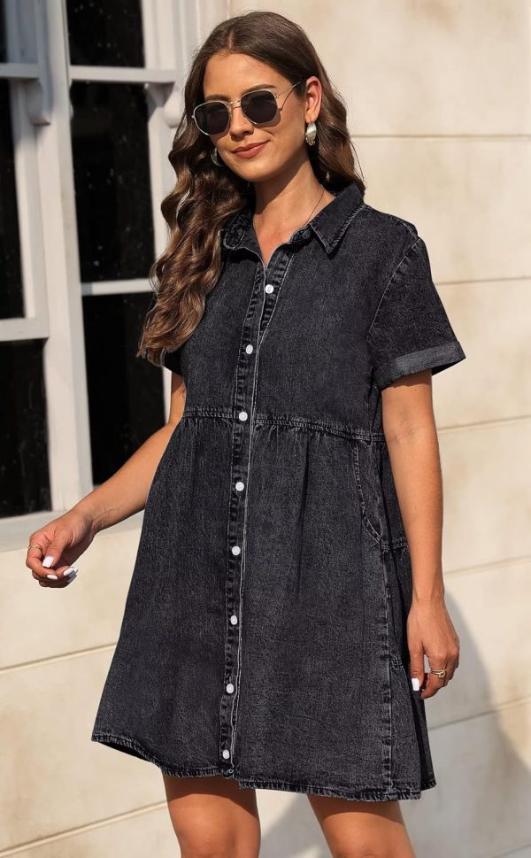 KDF Denim Dress for Women with Pockets Short Sleeve Babydoll Denim Shirt Dresses for Women 2025 - Image 27