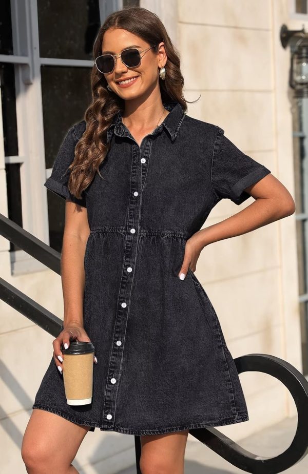 KDF Denim Dress for Women with Pockets Short Sleeve Babydoll Denim Shirt Dresses for Women 2025 - Image 28