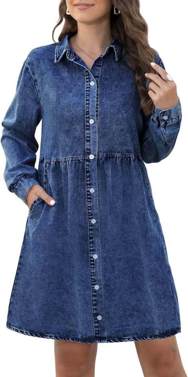 KDF Denim Dress for Women with Pockets Short Sleeve Babydoll Denim Shirt Dresses for Women 2025 - Image 34