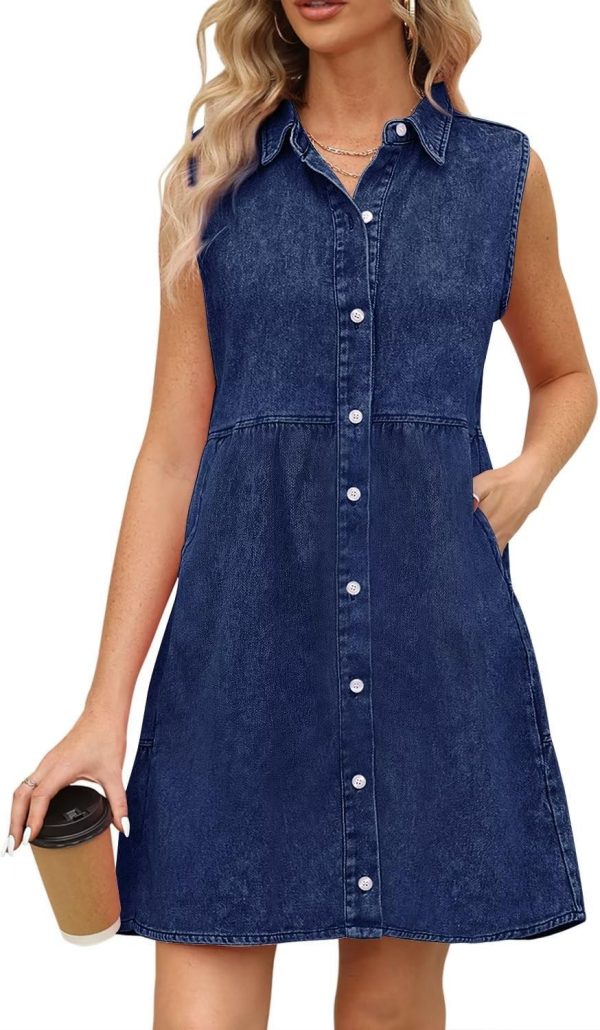 KDF Denim Dress for Women with Pockets Short Sleeve Babydoll Denim Shirt Dresses for Women 2025 - Image 40