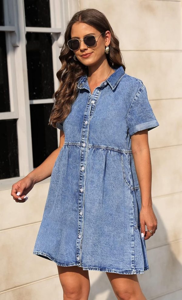 KDF Denim Dress for Women with Pockets Short Sleeve Babydoll Denim Shirt Dresses for Women 2025 - Image 49