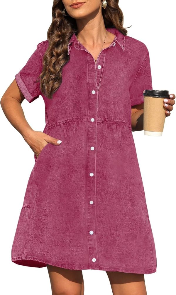 KDF Denim Dress for Women with Pockets Short Sleeve Babydoll Denim Shirt Dresses for Women 2025 - Image 51