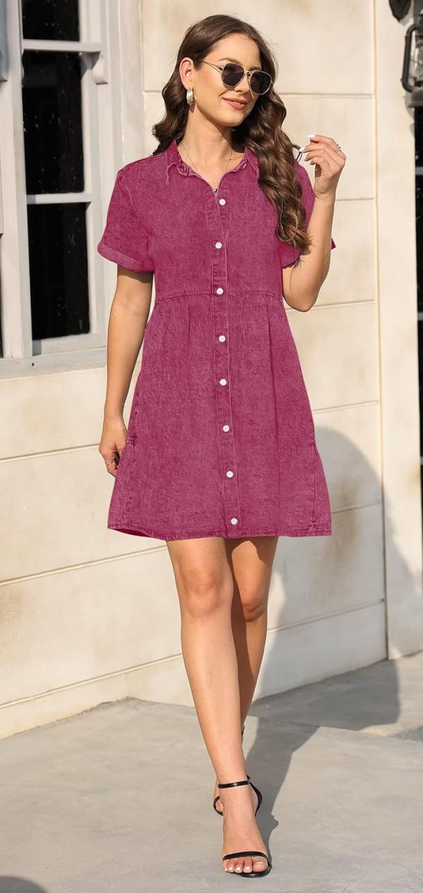 KDF Denim Dress for Women with Pockets Short Sleeve Babydoll Denim Shirt Dresses for Women 2025 - Image 54