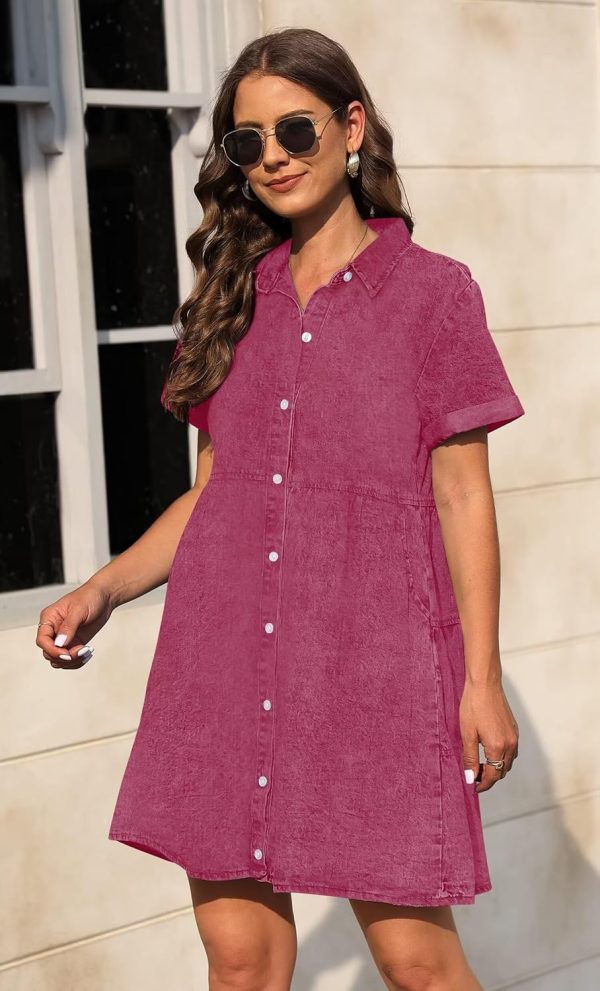 KDF Denim Dress for Women with Pockets Short Sleeve Babydoll Denim Shirt Dresses for Women 2025 - Image 55