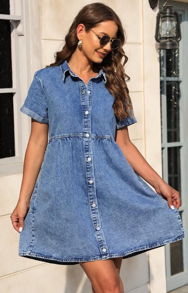KDF Denim Dress for Women with Pockets Short Sleeve Babydoll Denim Shirt Dresses for Women 2025 - Image 57