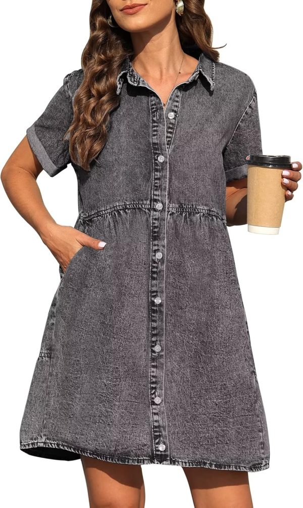 KDF Denim Dress for Women with Pockets Short Sleeve Babydoll Denim Shirt Dresses for Women 2025 - Image 62