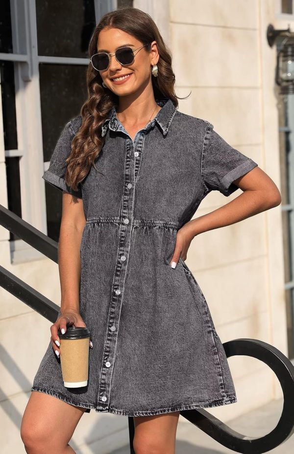 KDF Denim Dress for Women with Pockets Short Sleeve Babydoll Denim Shirt Dresses for Women 2025 - Image 67