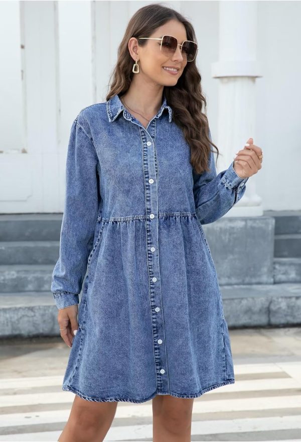 KDF Denim Dress for Women with Pockets Short Sleeve Babydoll Denim Shirt Dresses for Women 2025 - Image 69