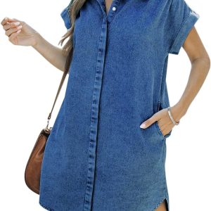 KDF Denim Shirt Dress Women - Denim Dress with Pockets, Button Down, Summer 2023