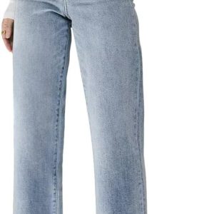 KDF Straight Leg Jeans for Women High Waisted Jeans Frayed Baggy Pants Raw Hem Loose Stretchy Cropped Wide Leg Jeans