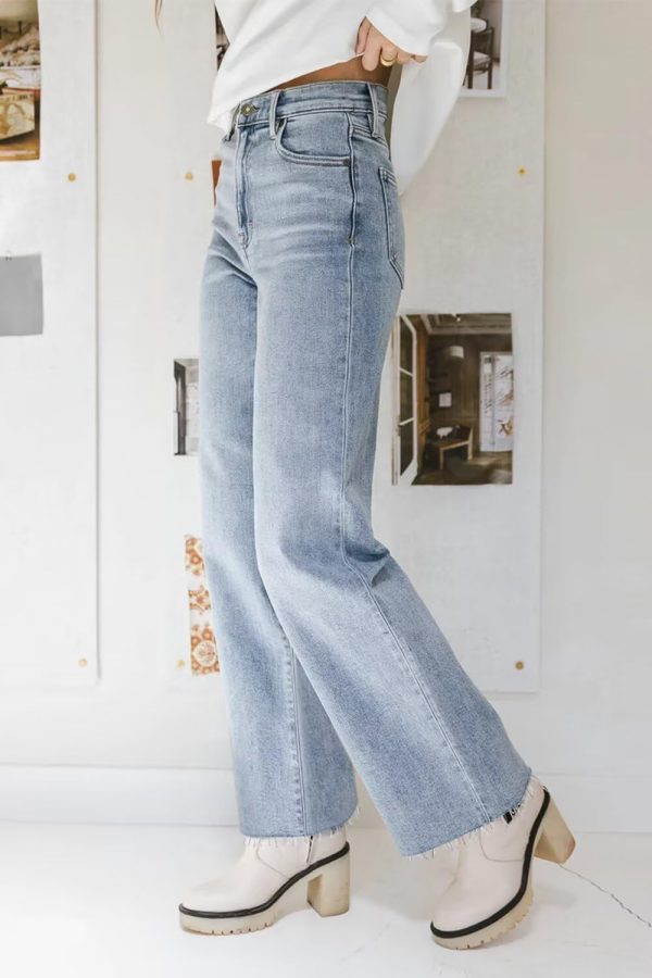 KDF Straight Leg Jeans for Women High Waisted Jeans Frayed Baggy Pants Raw Hem Loose Stretchy Cropped Wide Leg Jeans - Image 2