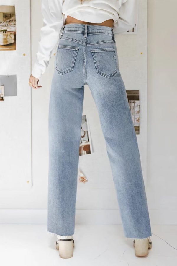 KDF Straight Leg Jeans for Women High Waisted Jeans Frayed Baggy Pants Raw Hem Loose Stretchy Cropped Wide Leg Jeans - Image 3