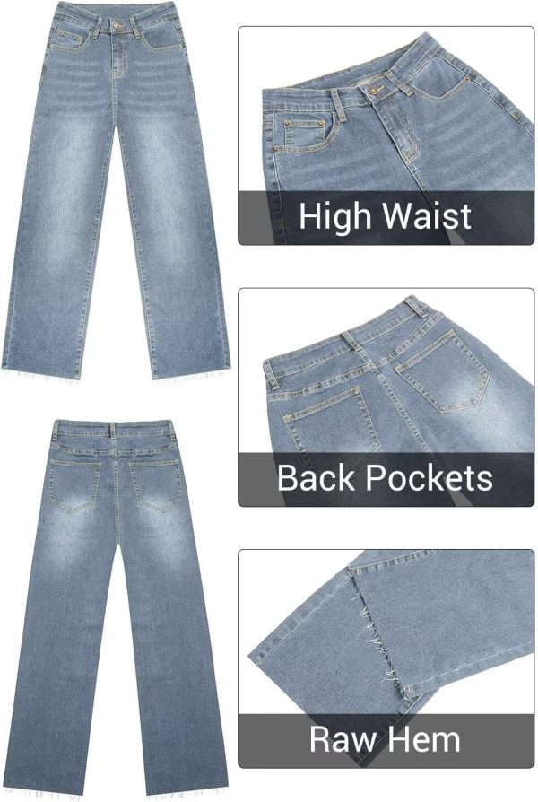 KDF Straight Leg Jeans for Women High Waisted Jeans Frayed Baggy Pants Raw Hem Loose Stretchy Cropped Wide Leg Jeans - Image 6