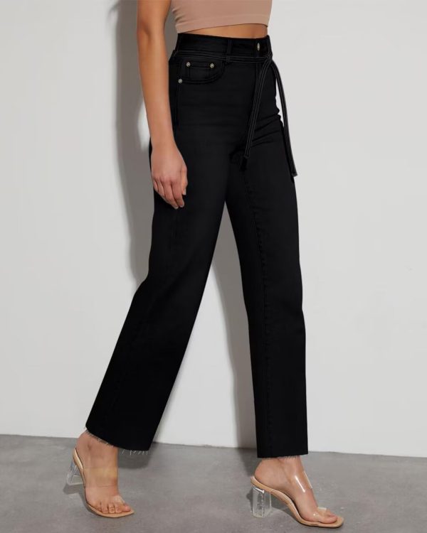 KDF Straight Leg Jeans for Women High Waisted Jeans Frayed Baggy Pants Raw Hem Loose Stretchy Cropped Wide Leg Jeans - Image 8