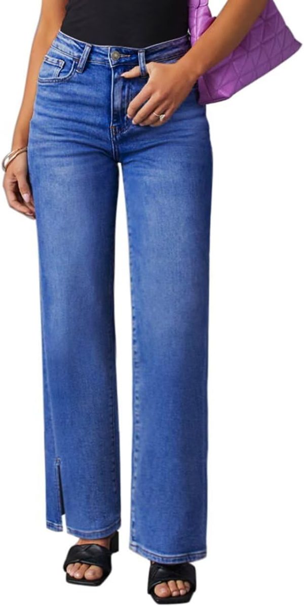 KDF Straight Leg Jeans for Women High Waisted Jeans Frayed Baggy Pants Raw Hem Loose Stretchy Cropped Wide Leg Jeans - Image 12