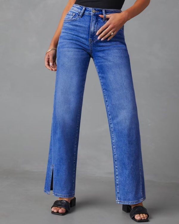 KDF Straight Leg Jeans for Women High Waisted Jeans Frayed Baggy Pants Raw Hem Loose Stretchy Cropped Wide Leg Jeans - Image 14