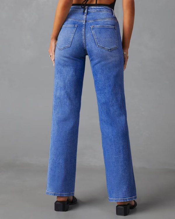 KDF Straight Leg Jeans for Women High Waisted Jeans Frayed Baggy Pants Raw Hem Loose Stretchy Cropped Wide Leg Jeans - Image 16