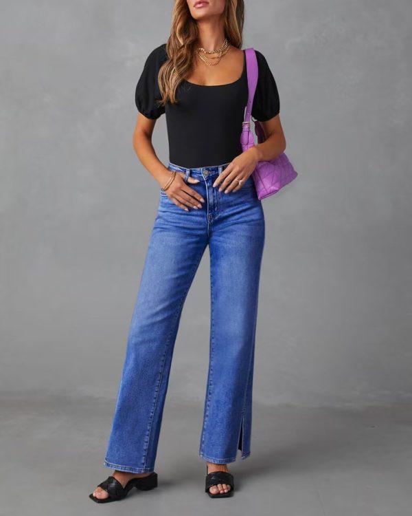 KDF Straight Leg Jeans for Women High Waisted Jeans Frayed Baggy Pants Raw Hem Loose Stretchy Cropped Wide Leg Jeans - Image 17