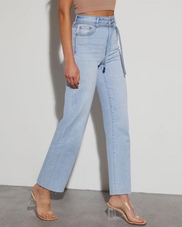 KDF Straight Leg Jeans for Women High Waisted Jeans Frayed Baggy Pants Raw Hem Loose Stretchy Cropped Wide Leg Jeans - Image 19