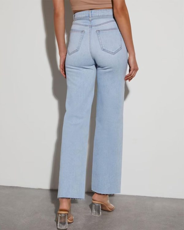 KDF Straight Leg Jeans for Women High Waisted Jeans Frayed Baggy Pants Raw Hem Loose Stretchy Cropped Wide Leg Jeans - Image 20