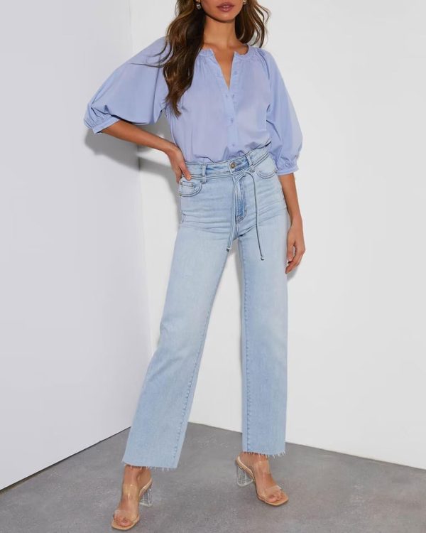 KDF Straight Leg Jeans for Women High Waisted Jeans Frayed Baggy Pants Raw Hem Loose Stretchy Cropped Wide Leg Jeans - Image 22
