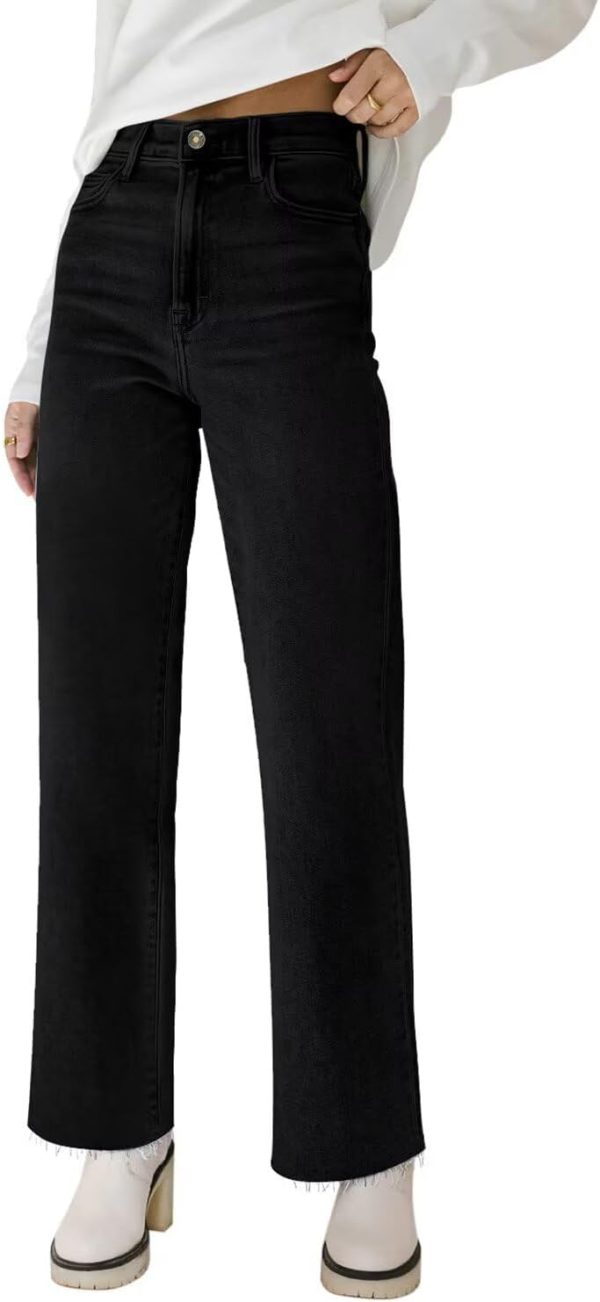 KDF Straight Leg Jeans for Women High Waisted Jeans Frayed Baggy Pants Raw Hem Loose Stretchy Cropped Wide Leg Jeans - Image 23