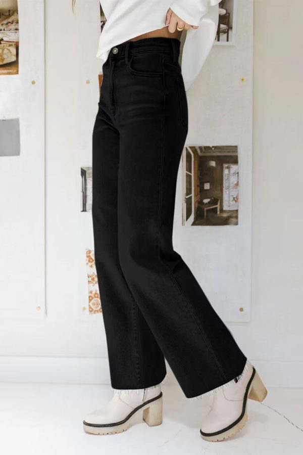 KDF Straight Leg Jeans for Women High Waisted Jeans Frayed Baggy Pants Raw Hem Loose Stretchy Cropped Wide Leg Jeans - Image 24