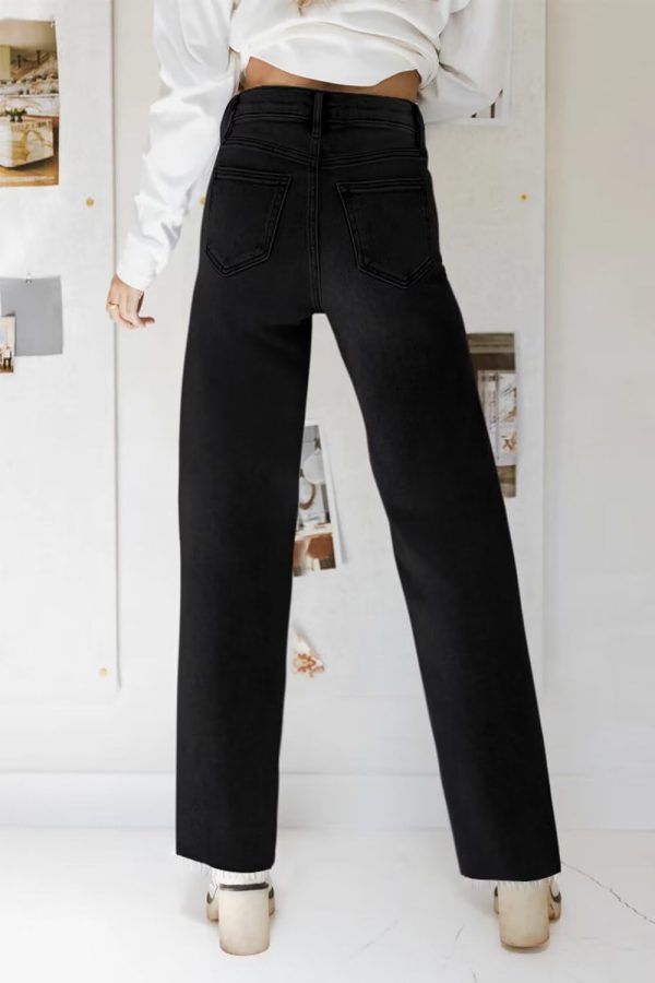 KDF Straight Leg Jeans for Women High Waisted Jeans Frayed Baggy Pants Raw Hem Loose Stretchy Cropped Wide Leg Jeans - Image 25