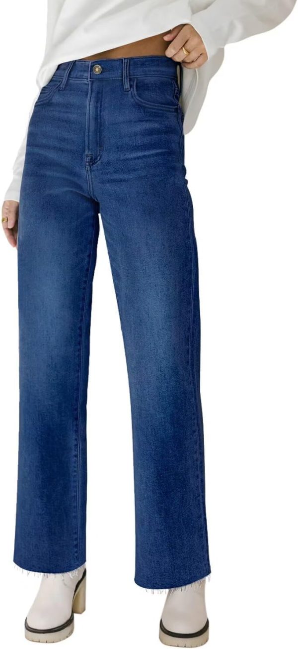 KDF Straight Leg Jeans for Women High Waisted Jeans Frayed Baggy Pants Raw Hem Loose Stretchy Cropped Wide Leg Jeans - Image 28