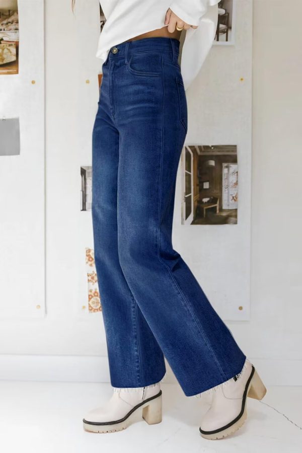 KDF Straight Leg Jeans for Women High Waisted Jeans Frayed Baggy Pants Raw Hem Loose Stretchy Cropped Wide Leg Jeans - Image 29