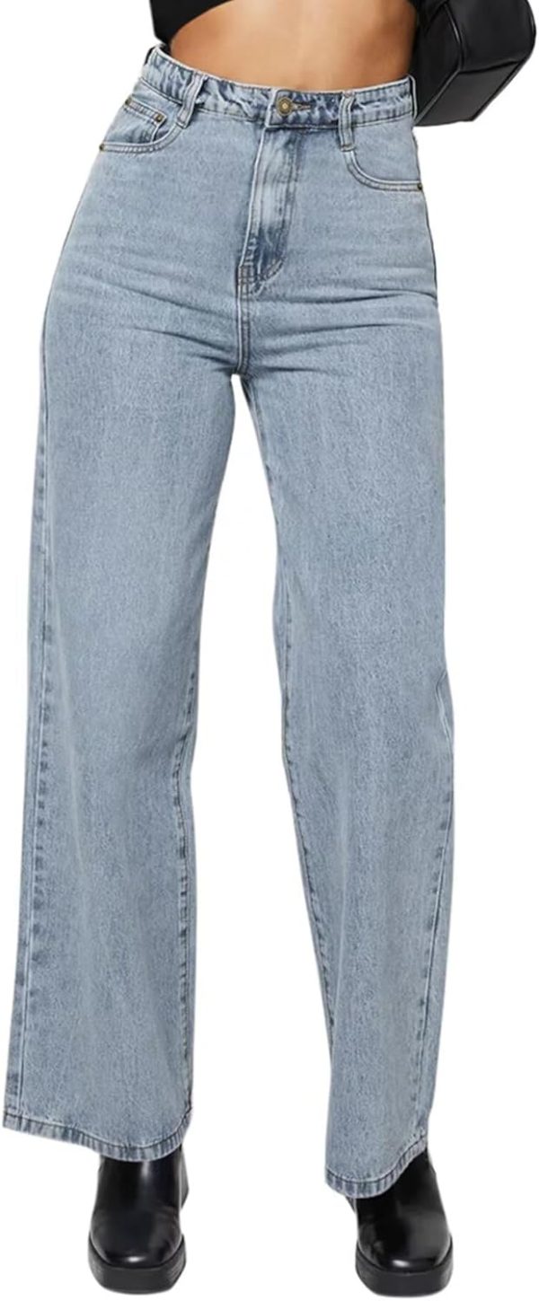 KDF Straight Leg Jeans for Women High Waisted Jeans Frayed Baggy Pants Raw Hem Loose Stretchy Cropped Wide Leg Jeans - Image 33