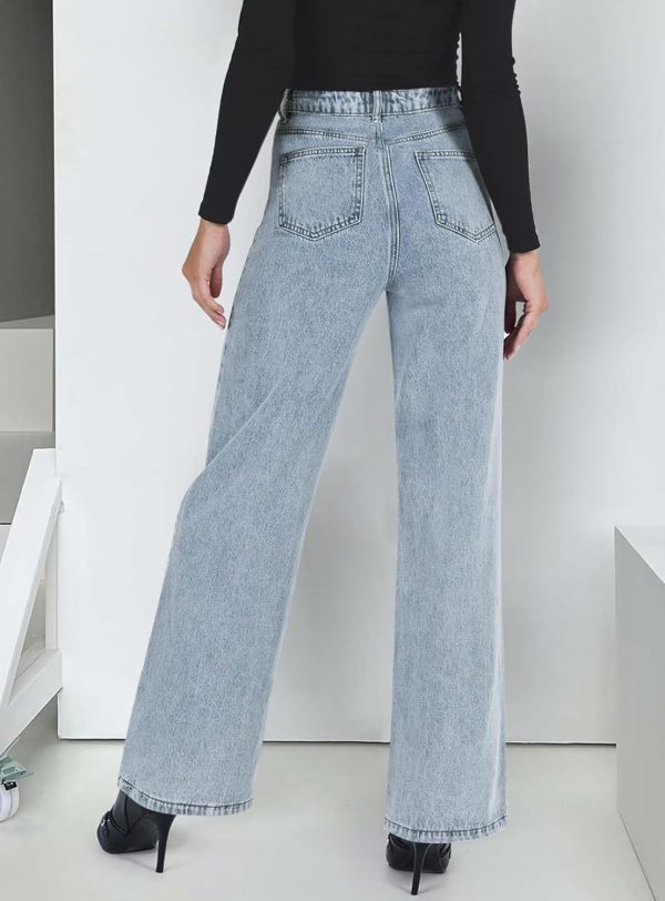 KDF Straight Leg Jeans for Women High Waisted Jeans Frayed Baggy Pants Raw Hem Loose Stretchy Cropped Wide Leg Jeans - Image 35