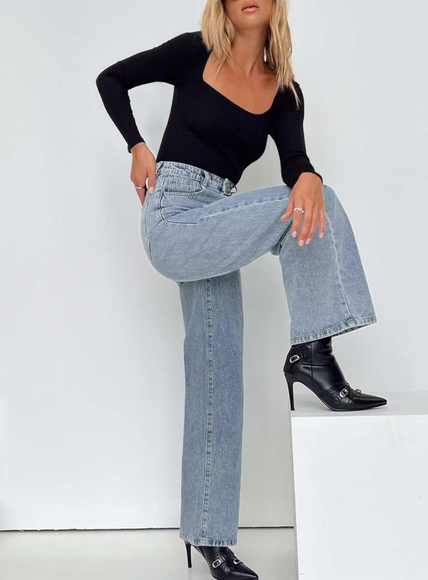 KDF Straight Leg Jeans for Women High Waisted Jeans Frayed Baggy Pants Raw Hem Loose Stretchy Cropped Wide Leg Jeans - Image 36