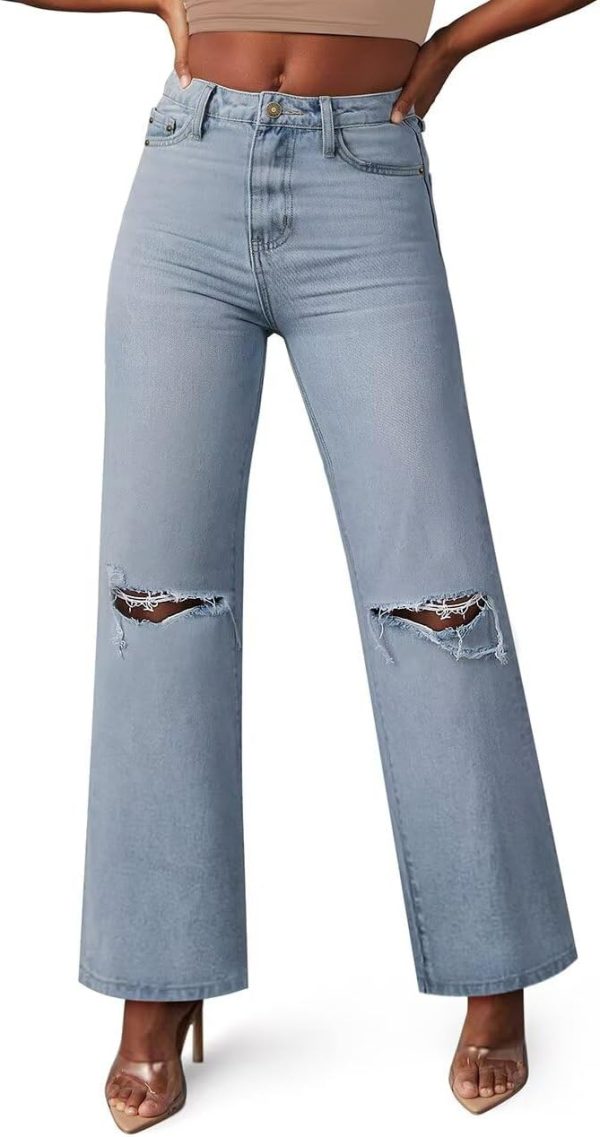 KDF Straight Leg Jeans for Women High Waisted Jeans Frayed Baggy Pants Raw Hem Loose Stretchy Cropped Wide Leg Jeans - Image 45