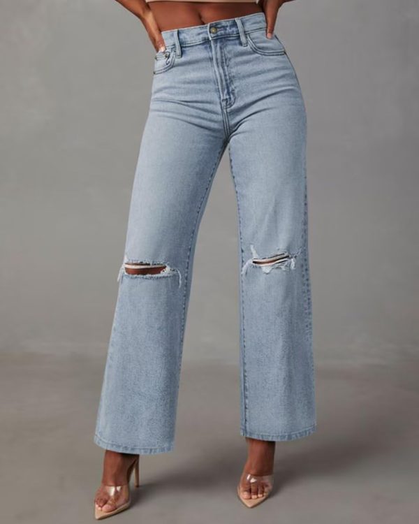 KDF Straight Leg Jeans for Women High Waisted Jeans Frayed Baggy Pants Raw Hem Loose Stretchy Cropped Wide Leg Jeans - Image 46