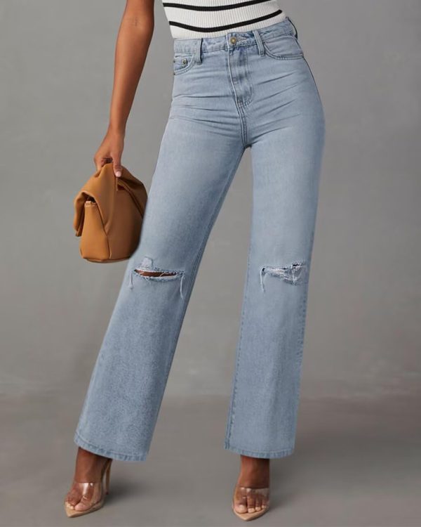 KDF Straight Leg Jeans for Women High Waisted Jeans Frayed Baggy Pants Raw Hem Loose Stretchy Cropped Wide Leg Jeans - Image 47